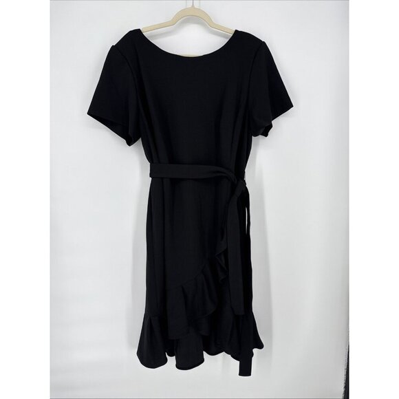 New Calvin Klein Plus Size 22W Black Ruffled Tulip-Hem Crepe Tie Belt Dress - Picture 2 of 9